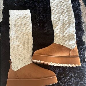 Knee-High Knit Sock Platform Boots - Cream & Tan